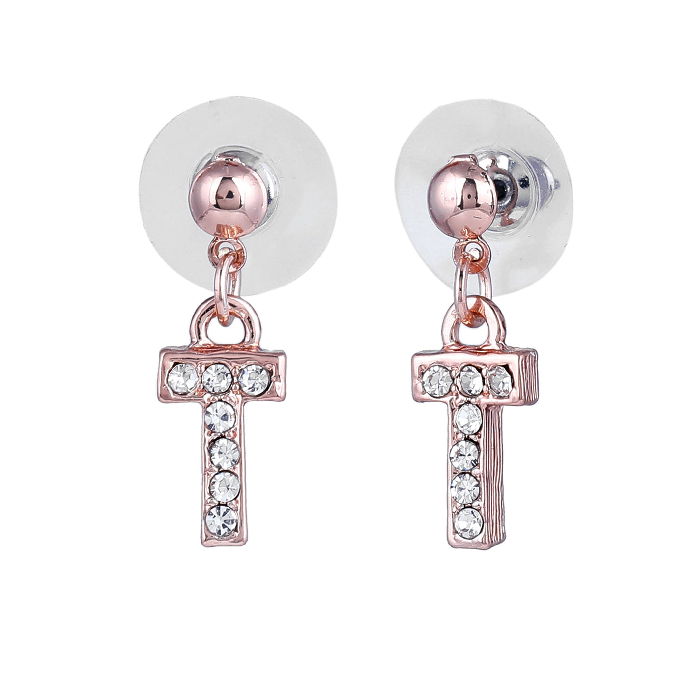 Estele Rose Gold Plated Magnificent Medium 'T' Letter Earrings with Crystals for Women