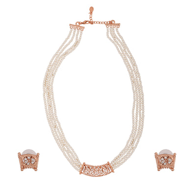 Estele Rose Gold Plated Sparkling Pearl Necklace Set with Crystals for Women