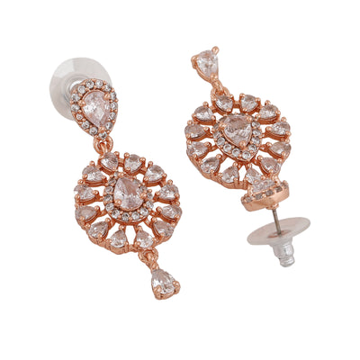 Estele Rose Gold Plated CZ Flower Designer Drop Earrings for Women