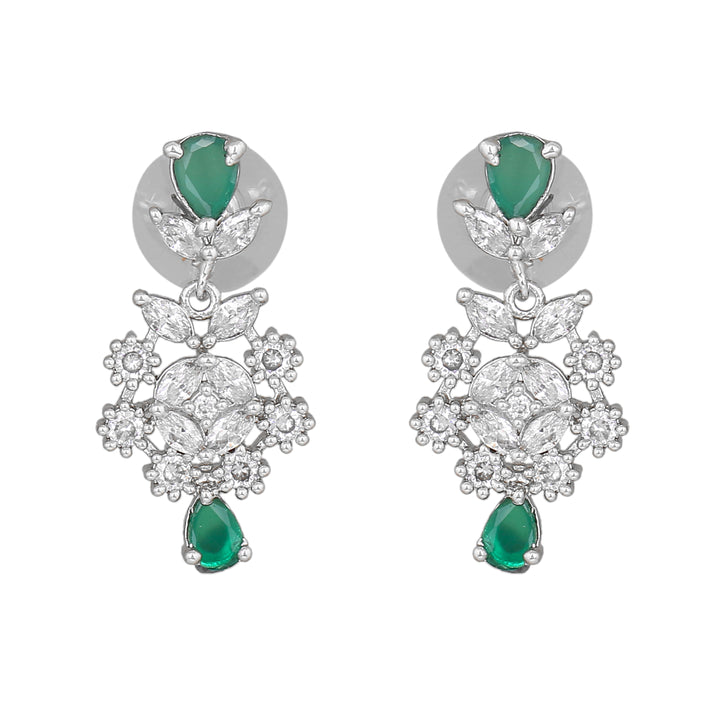 Estele Rhodium Plated CZ Glamorous Necklace Set with Green Stones for Women