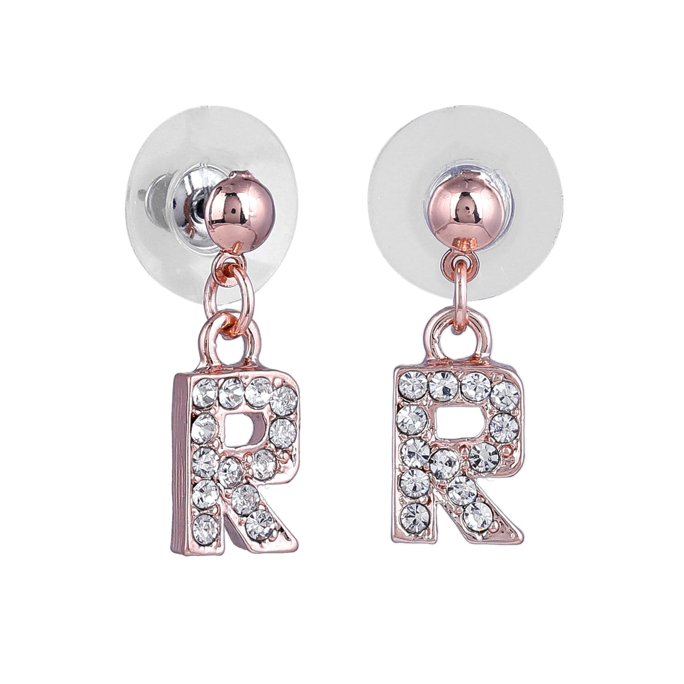 Estele Rose Gold Plated Magnificent Medium 'R' Letter Earrings with Crystals for Women