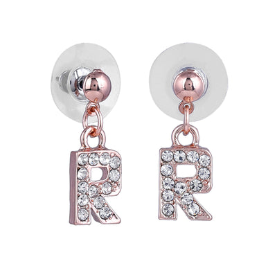 Estele Rose Gold Plated Magnificent Medium 'R' Letter Earrings with Crystals for Women