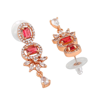 Estele Rose Gold Plated CZ Exquisite Drop Earrings with Tourmaline Pink Stones for Women