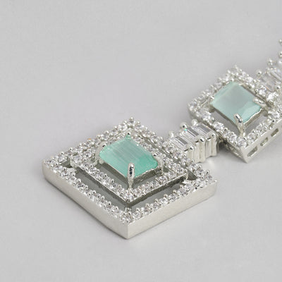 Estele Rhodium Plated CZ Geometric Designer Drop Earrings with Mint Green for Women