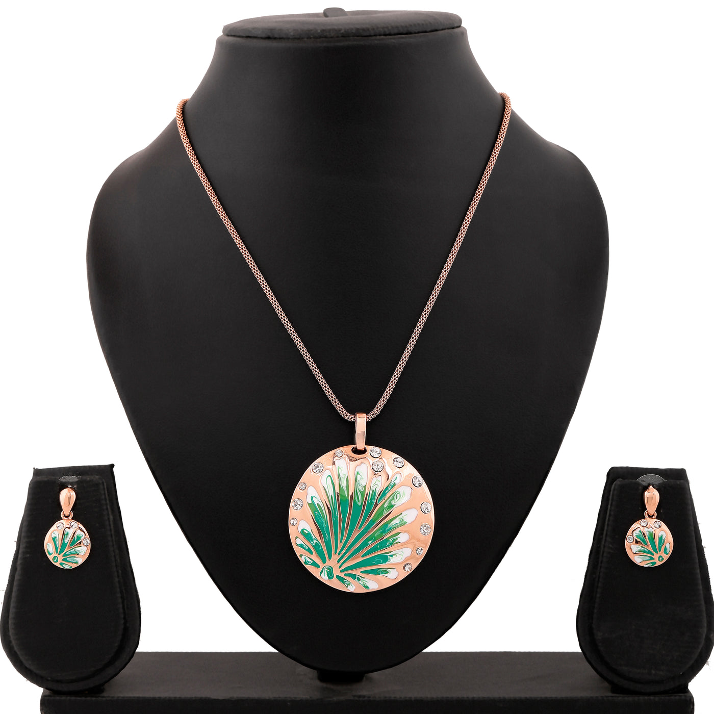 Estele Rose Gold Plated Stylish Circular Necklace Set with Green Enamel for Women