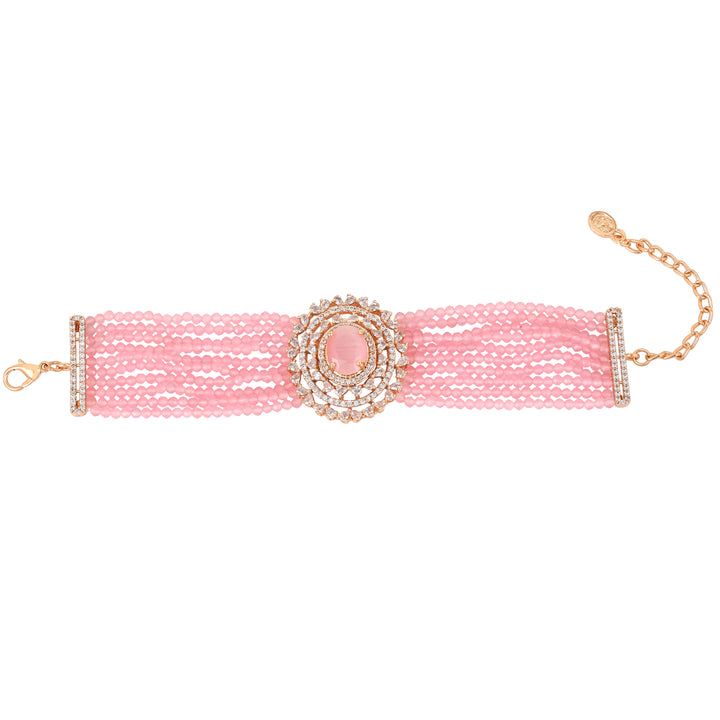 Estele Rose Gold Plated CZ Sparkling Multi-Layered Bracelet with Mint Pink Stones for Women