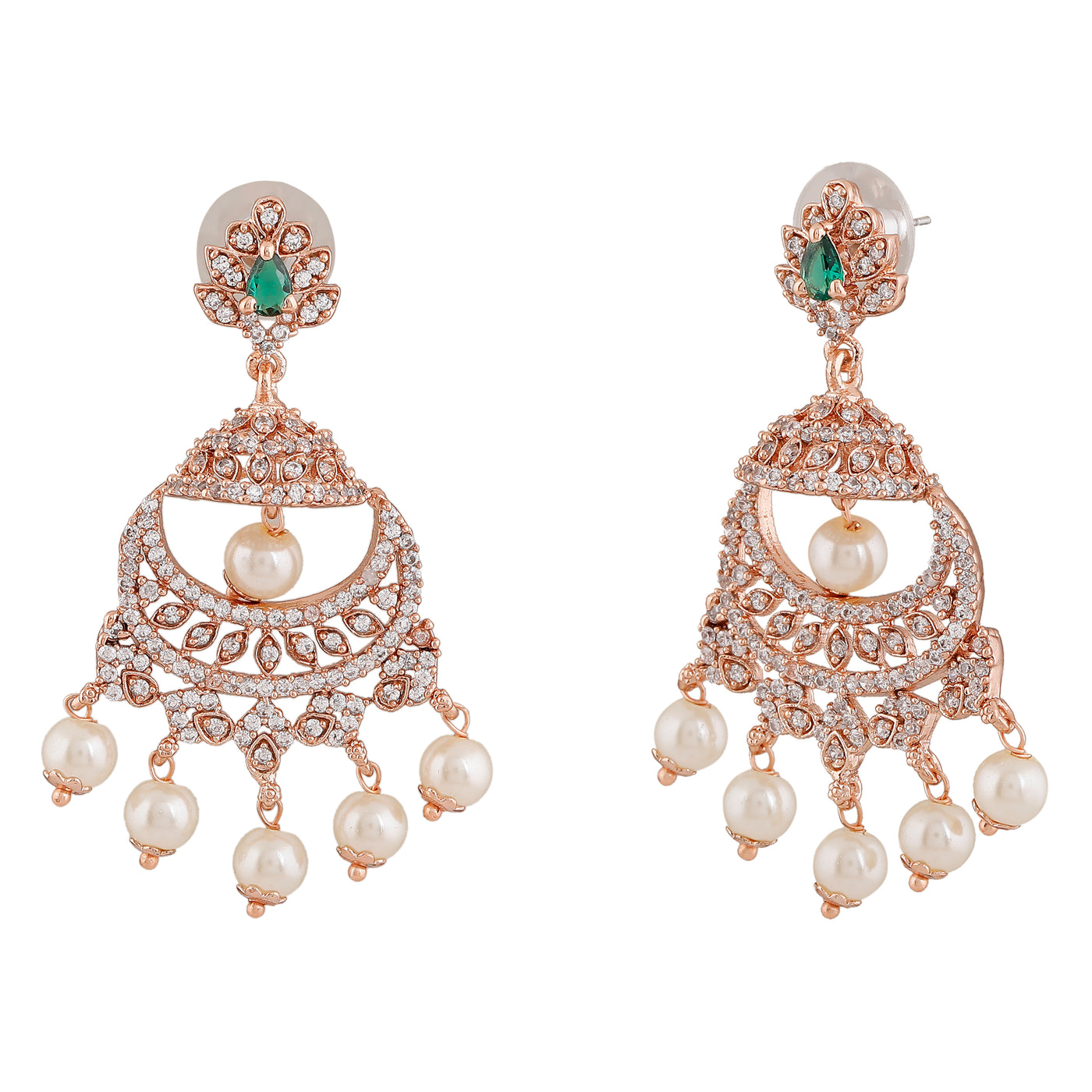 Estele Rose Gold Plated CZ Enchanting Leaf Designer Earrings with Pearls for Women
