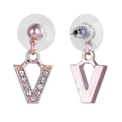 Estele Rose Gold Plated Magnificent Medium 'V' Letter Earrings with Crystals for Women