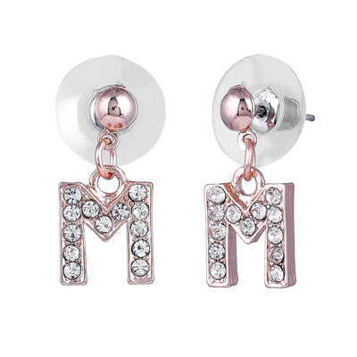 Estele Rose Gold Plated Magnificent Medium 'M' Letter Earrings with Crystals for Women