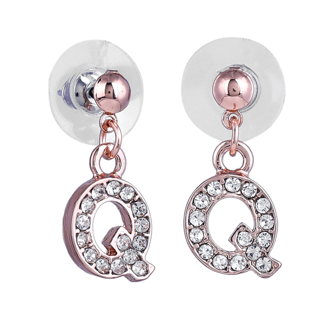 Estele Rose Gold Plated Magnificent Medium 'Q' Letter Earrings with Crystals for Women