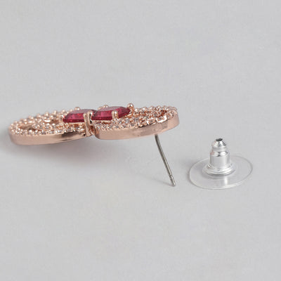 Estele Rose Gold Plated CZ Circular Designer Necklace Set with Tourmaline Pink Stones for Women