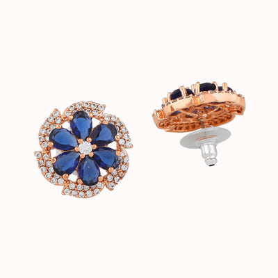 Estele Rose Gold Plated CZ Floral Designer Stud Earrings with Blue Stones for Women