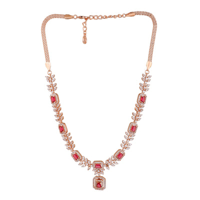 Estele Rose Gold Plated CZ Classic Designer Necklace Set with Tourmaline Pink Stones for Women