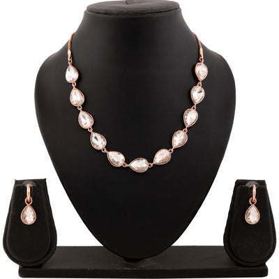 Estele Rose Gold Plated Sparkling Drop Designer Necklace Set with Crystals for Women