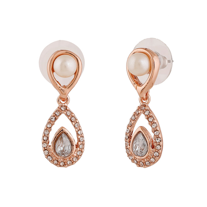 Estele Rose Gold Plated Scintillating Drop Earrings with Crystals & Pearl for Women