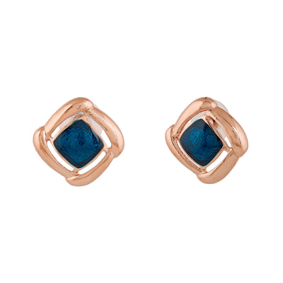 Estele Rose Gold Plated Mosaic Pattern Stud Earrings with Blue Enamel for Women