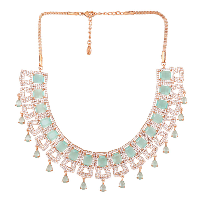 Estele Rose Gold Plated CZ Glimmering Dulhan Necklace Set with Mint Green and White Crystals for Women