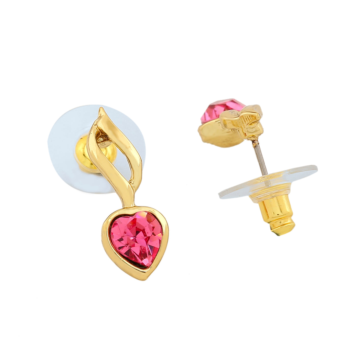 Estele Gold Plated Heart Shaped Earrings with Pink Crystal for Women
