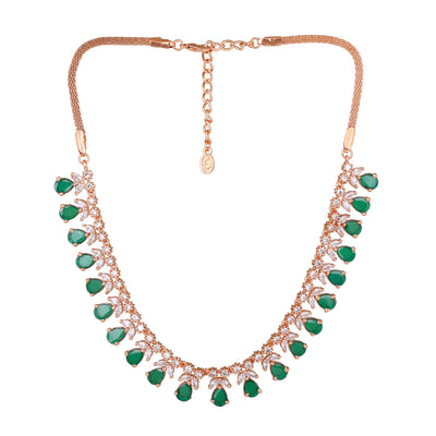 Estele Rose Gold Plated CZ Glamorous Necklace Set with Green Stones for Women