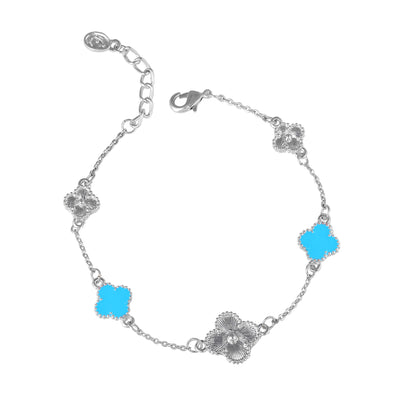 Estele Rhodium Plated Fashionable Blue Clover Leaf Designer Adjustable Charm Bracelet for Girls and Women