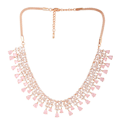 Estele Rose Gold Plated CZ Sparkling Necklace Set with Mint Pink Stones for Women