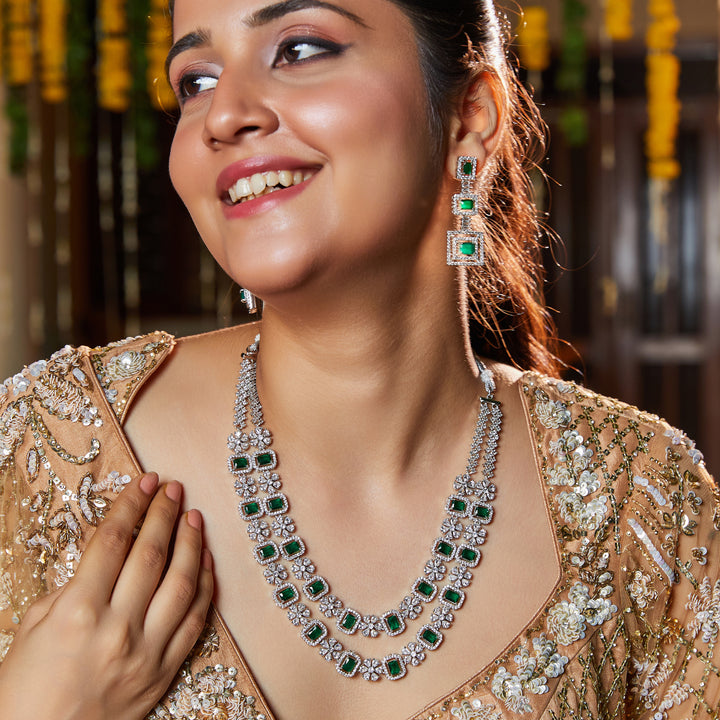 Estele Rhodium Plated CZ Dazzling Double Layered Designer Necklace Set with Green & White Crystals for Women