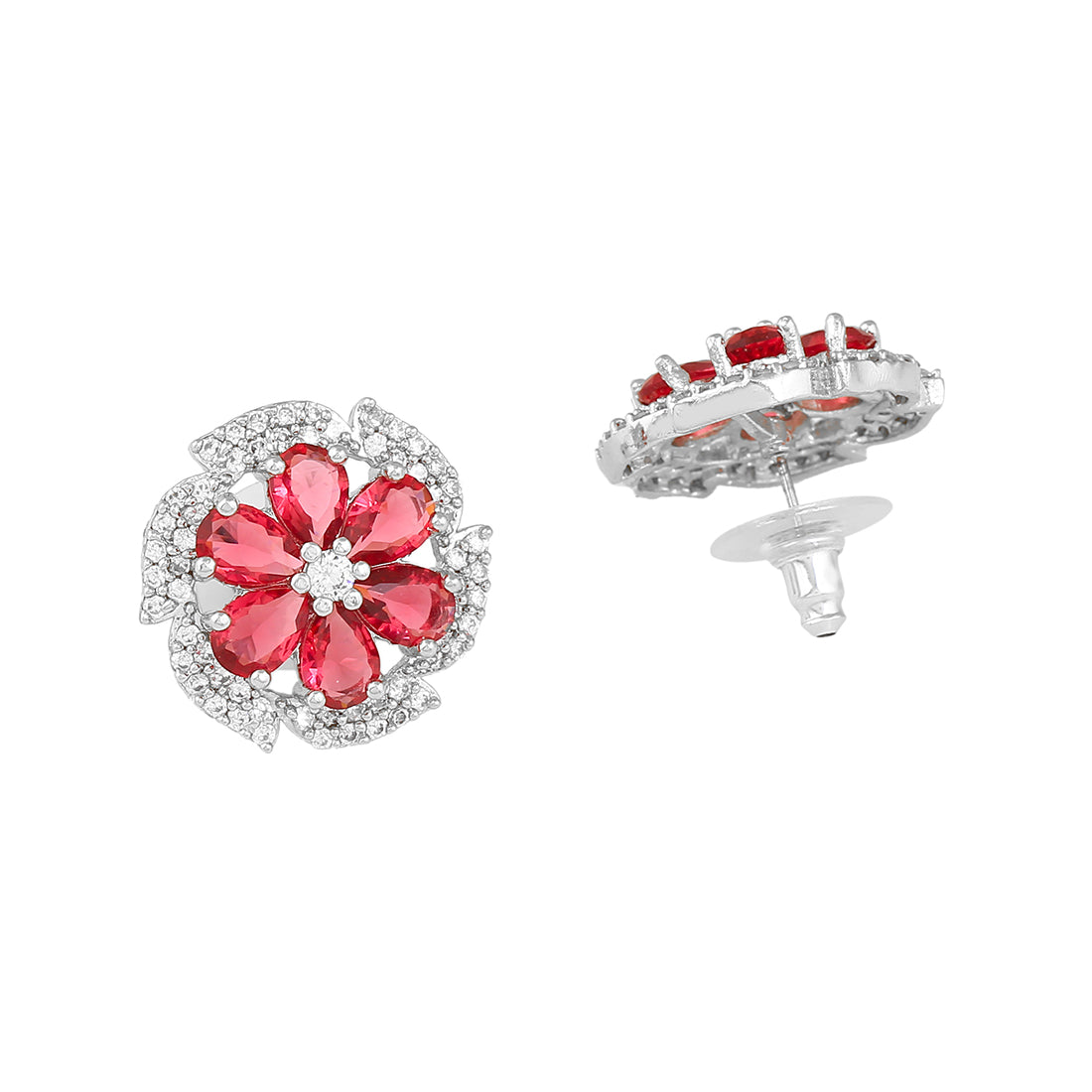 Estele Rhodium Plated CZ Lovely Blossom Stud Earrings with Tourmaline Pink Stones for Women