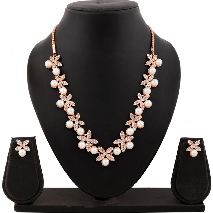 Estele Rose Gold Plated Flower Designer Necklace Set with Crystals for Women