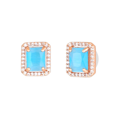 Estele Rose Gold Plated CZ Square Designer Earrings with Mint Blue for Women
