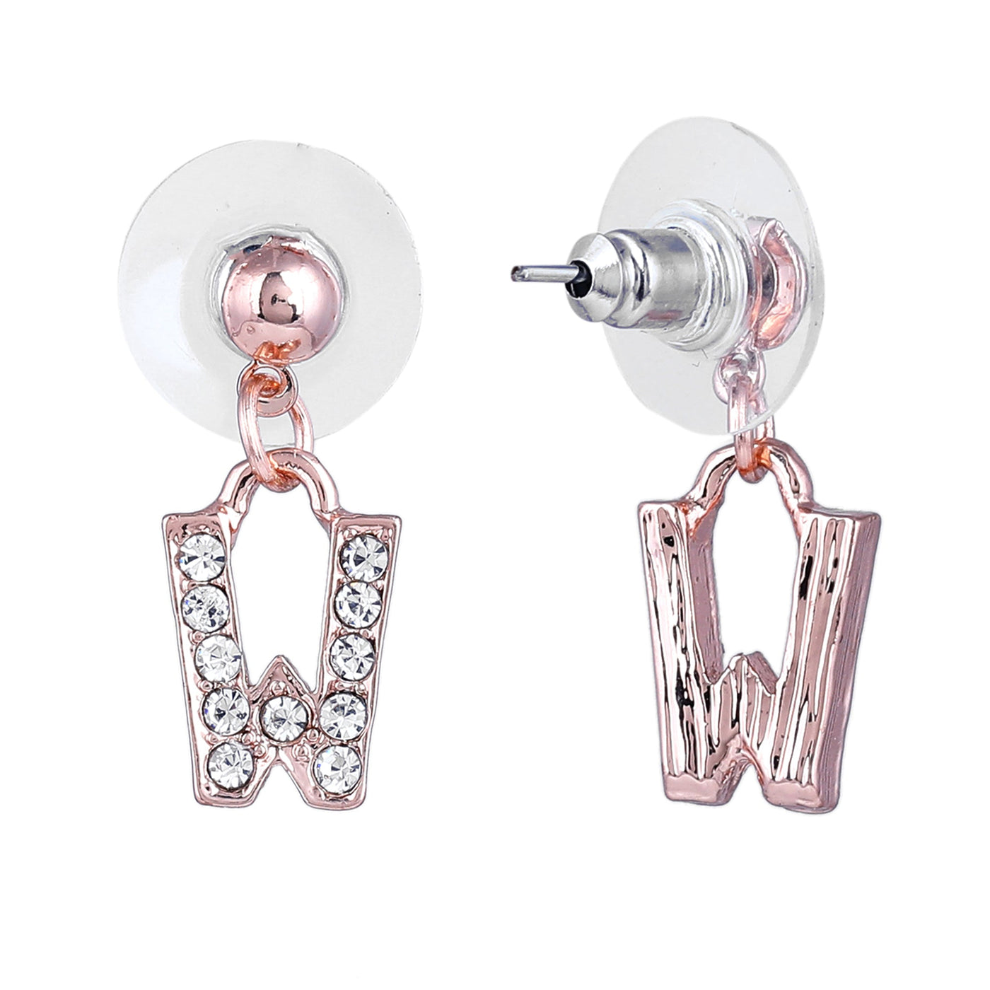 Estele Rose Gold Plated Magnificent Medium 'W' Letter Earrings with Crystals for Women