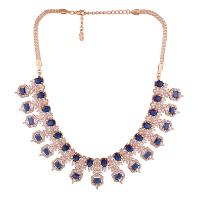 Estele Rose Gold Plated CZ Astonishing Necklace Set with Blue Stones for Women