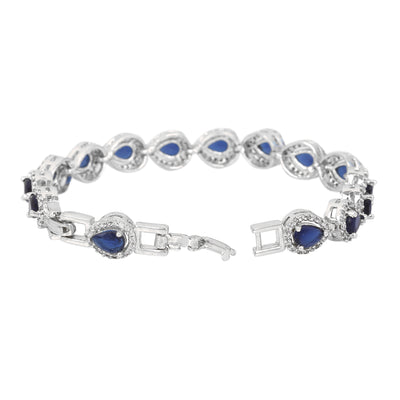 Estele Rhodium Plated CZ Drop Designer Bracelet with Blue Stones for Women