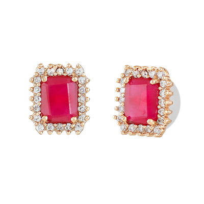 Estele Rose Gold Plated CZ Square Designer Stud Earrings with Ruby Stones for Women