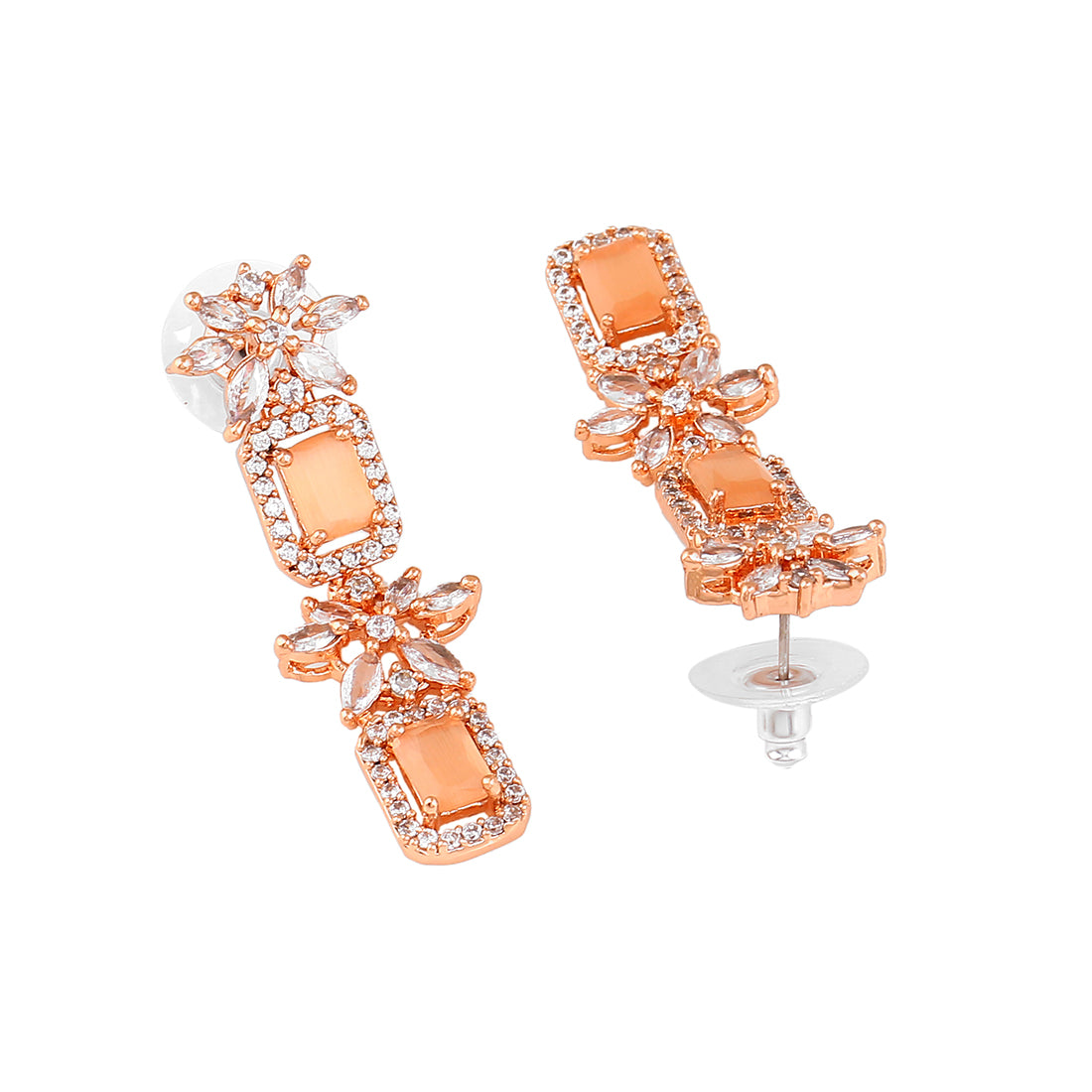 Estele Rose Gold Plated CZ Scintillating Drop Earrings with Mint Orange Crystals for Women