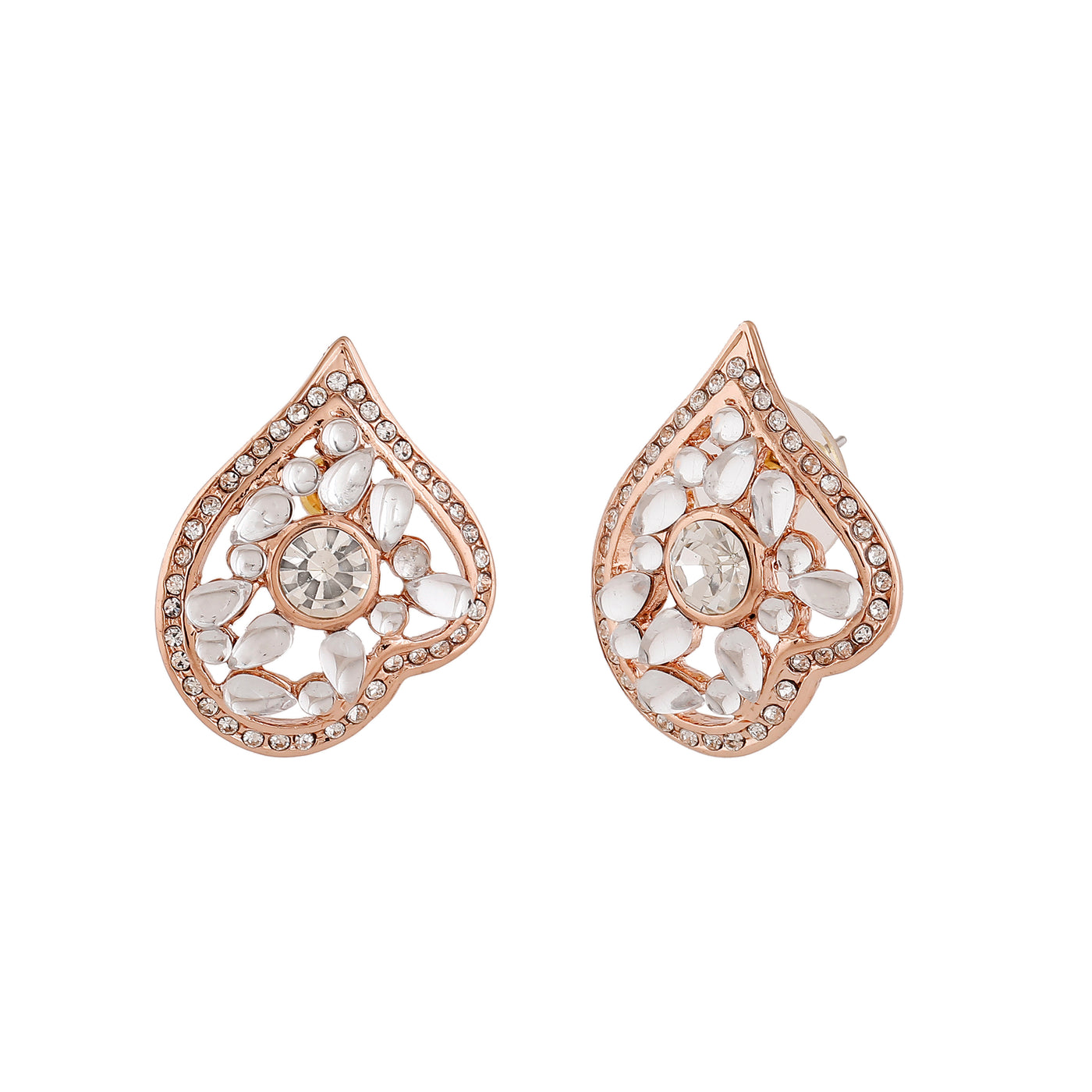 Estele Rose Gold Plated Leaf Shaped Stud Earrings with Kundan for Women