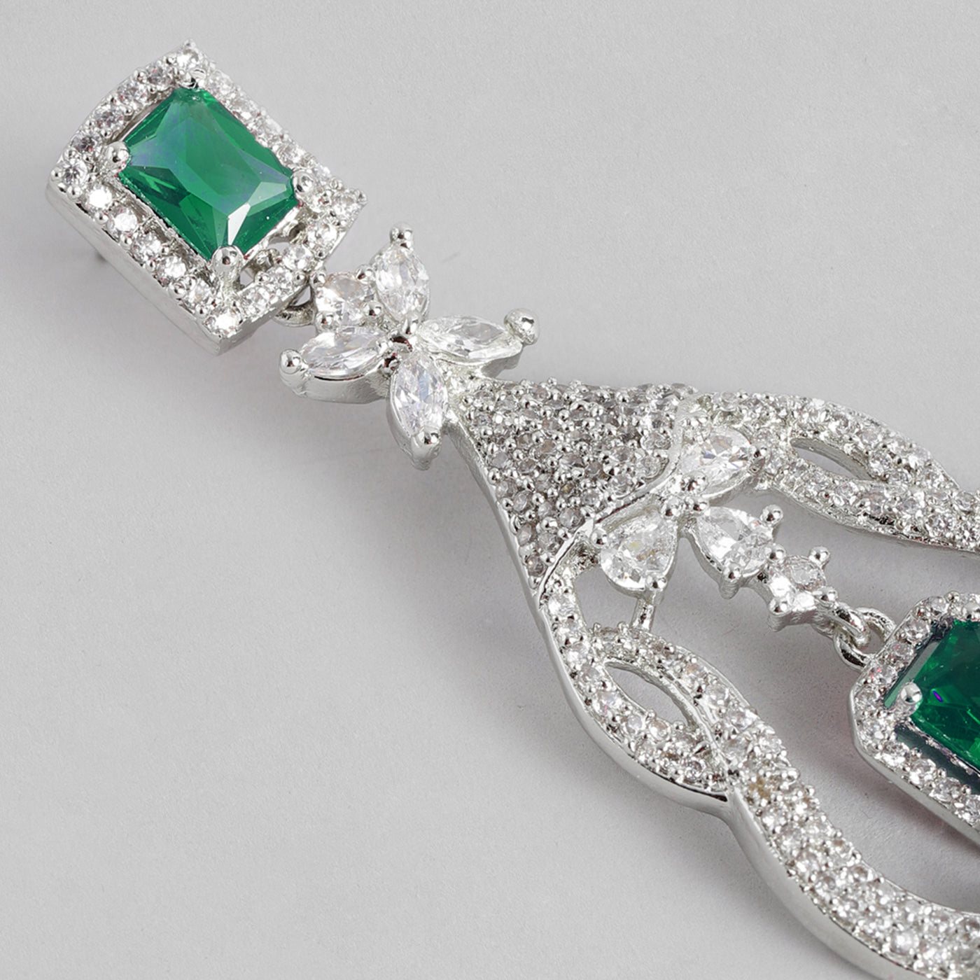 Estele Rhodium Plated CZ Scintillating Drop Earrings with Emerald Stone for Women