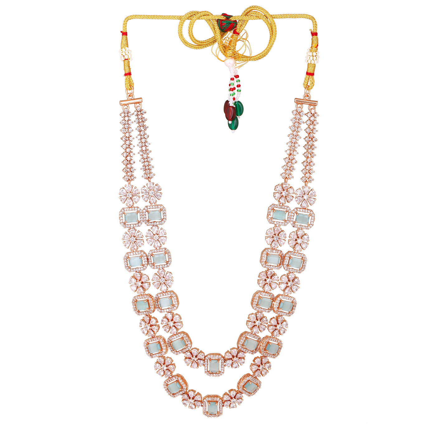 Estele Rose Gold Plated CZ Ravishing Necklace Set with Mint Green Stones for Women