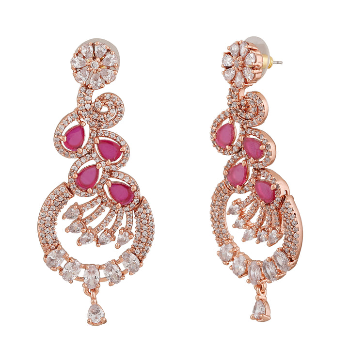 Estele Rose Gold Plated CZ Scintillating Earrings with Ruby Crystals for Women