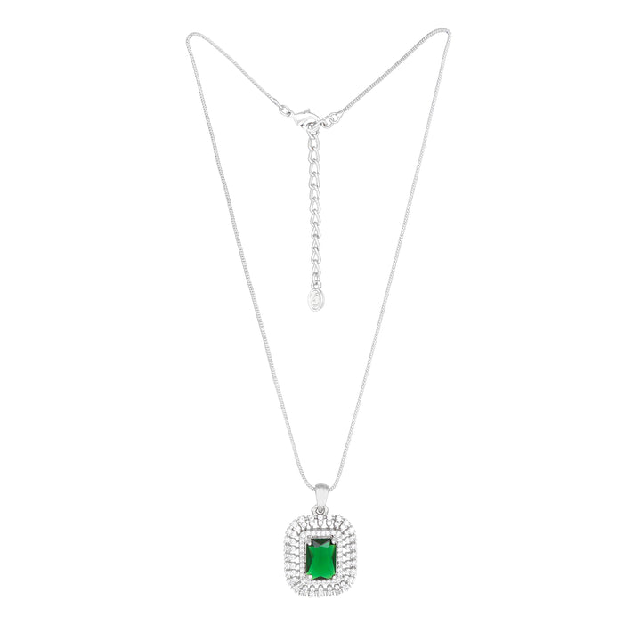 Estele Rhodium Plated CZ Sparkling Square Designer Pendant Set with Emerald Stone for Women