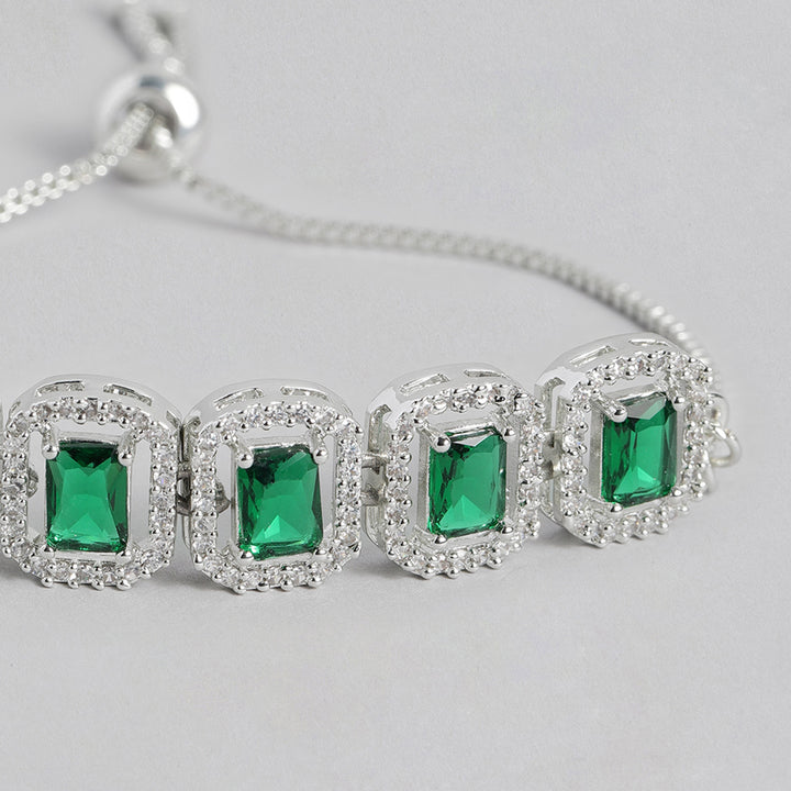 Estele Rhodium Plated CZ Ossum Octagon Bracelet With Emerald Crystals for Women