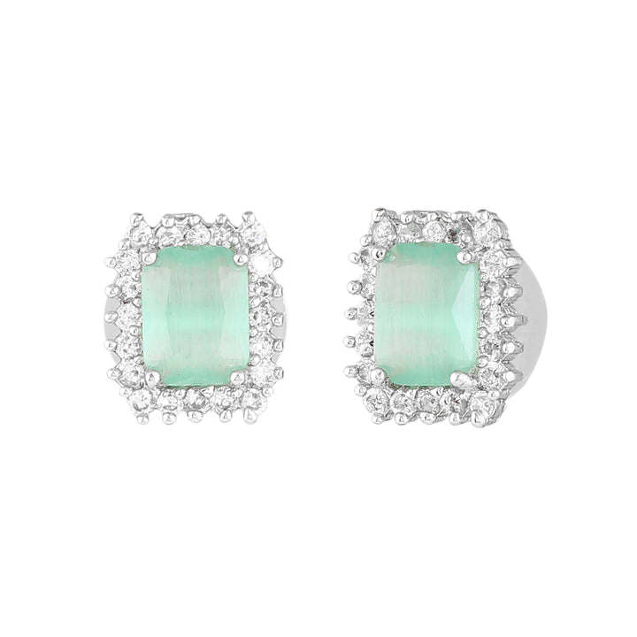 Estele Rhodium Plated CZ Square Designer Stud Earrings with Mint Green Stones for Women