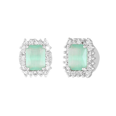 Estele Rhodium Plated CZ Square Designer Stud Earrings with Mint Green Stones for Women