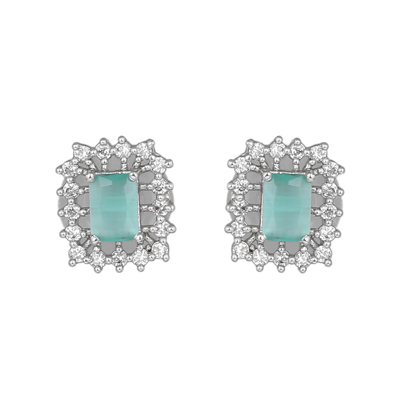 Estele Rhodium Plated CZ Square Designer Pendant set with Mint Green Stones for Women