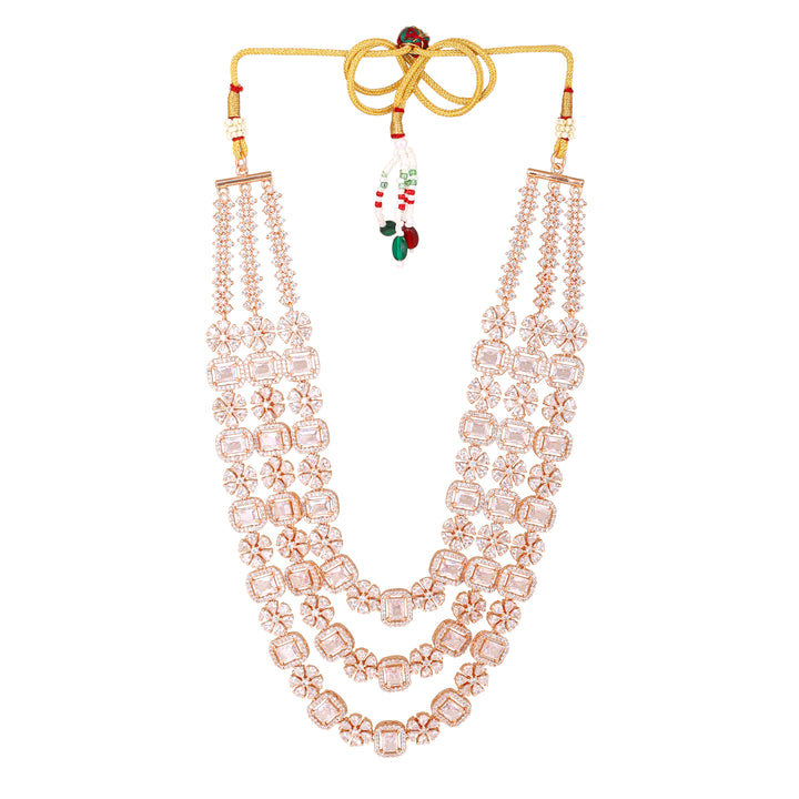 Estele Rose Gold Plated CZ Dazzling Three Layered Dulhan Necklace Set with White Stones for Women