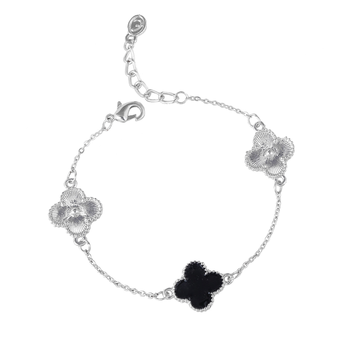 Estele Rhodium Plated Fancy & Stylish Black Clover Leaf Designer Adjustable Charm Bracelet for Girls and Women