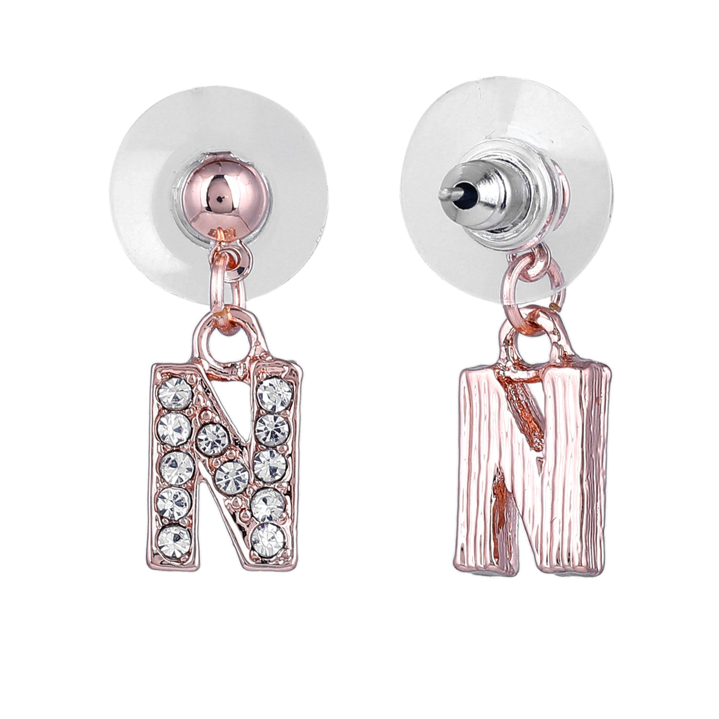 Estele Rose Gold Plated Magnificent Medium 'N' Letter Earrings with Crystals for Women