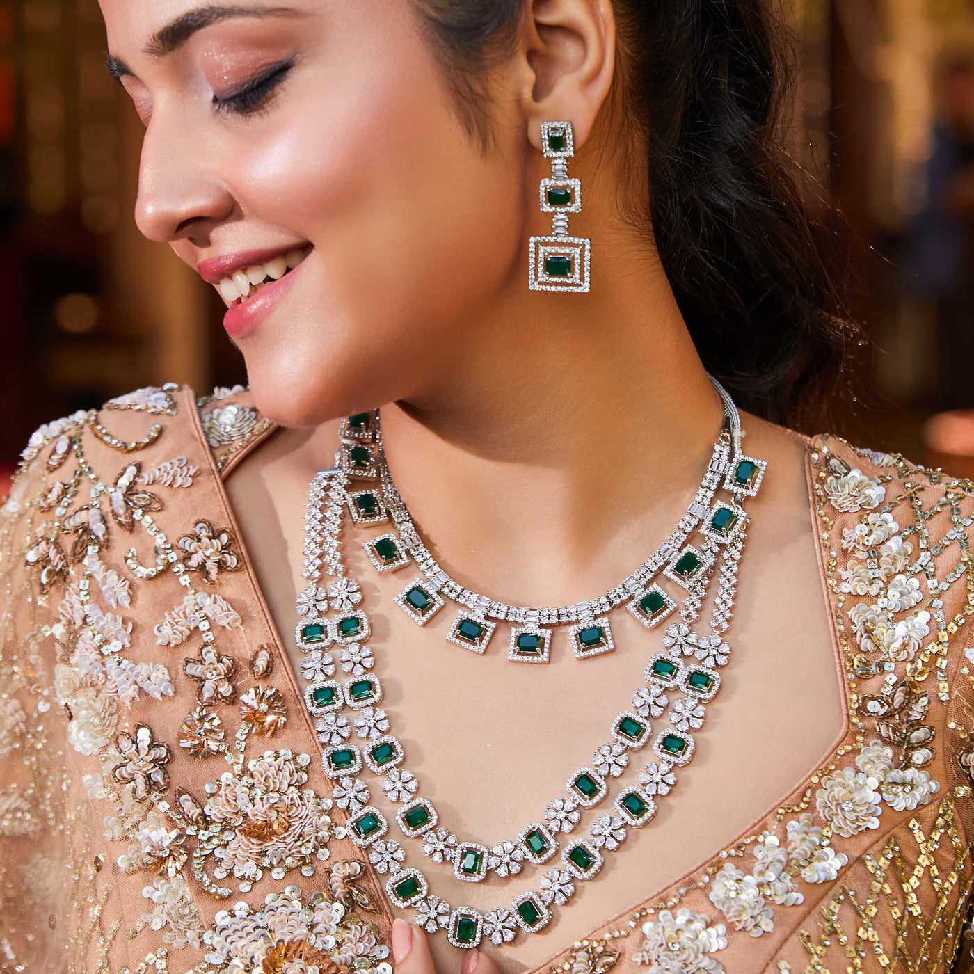 Estele Rhodium Plated CZ Sparkling Dulhan Necklace Set with Emerald for Women(set of 2)