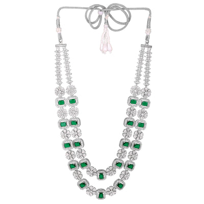 Estele Rhodium Plated CZ Dazzling Double Layered Designer Necklace Set with Green & White Crystals for Women