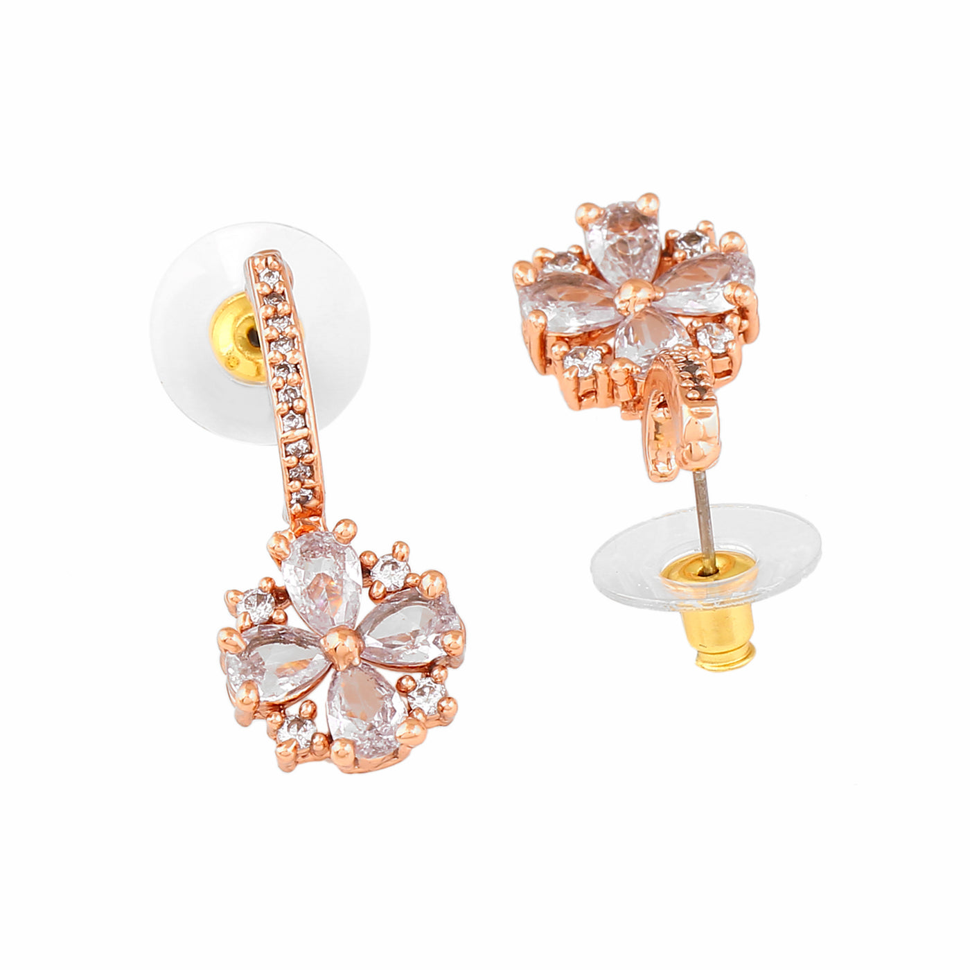 Estele Rose Gold Plated CZ Flower Designer Drop Earrings for Women