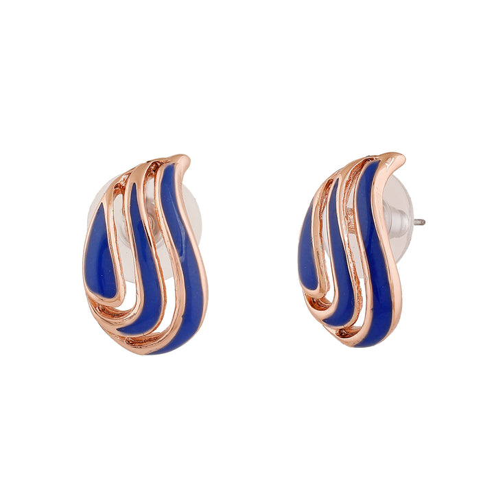 Estele Rose Gold Plated Leaf Designer Stud Earrings with Blue Enamel for Women
